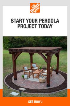 an advertisement for a pergola project with chairs and tables in the middle of it