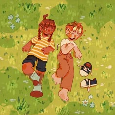 two children laying in the grass with one holding a teddy bear