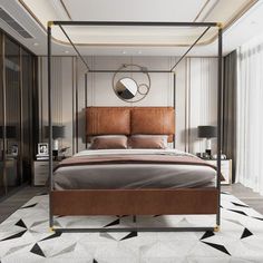 a bedroom with a bed, nightstands and mirror on the wall above it is decorated in black and white geometric tiles