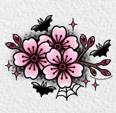 some pink flowers and bats on a white background