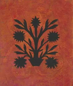 an abstract painting with black flowers on red background