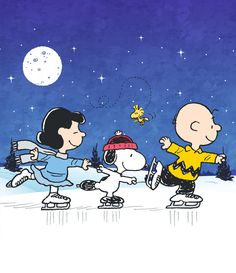 a charlie brown christmas card with snoop and his friends skating in the snow at night