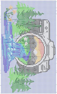 a cross stitch pattern with an image of the earth and flowers on it's side