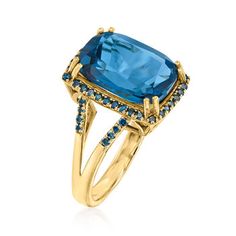 Ross-Simons - 9.75ct London Blue Topaz, .30ct t. w. Blue Diamond Ring Emerald Cut in 14kt Yellow Gold. Size 5. This ring is all about blue. A 9.75 carat rectangular cushion-cut London blue topaz is complemented by .30 ct. t. w. blue round brilliant-cut diamonds. Set in polished 14kt yellow gold. 5/8" wide. Blue diamond and London blue topaz ring. Our blue diamonds are natural diamonds that have been treated which causes the color change and then heated to hold the color. The color change process Formal Blue Topaz Ring With Vs Clarity, Diamond Ring Emerald Cut, Tanzanite Drop Earrings, Diamond Ring Emerald, London Blue Topaz Earrings, Morganite Earrings, Topaz Birthstone, Rectangular Cushion, Emerald Cut Diamond Ring