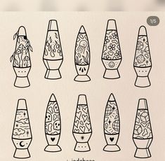 a bunch of vases that are drawn in different styles and sizes, all with designs on them