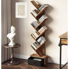 a bookshelf made out of wooden planks in the corner of a room