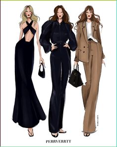 three women in black and brown outfits