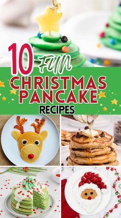 Photo collage with Christmas pancakes with text overlay. Grinch Pancakes Christmas Breakfast, Christmas Morning Pancakes, Grinch Pancakes For Kids, Fun Christmas Recipes For Kids, Santa Pancakes For Kids, Easy Christmas Breakfast Ideas For Kids, Fun Christmas Breakfast Ideas, Christmas Morning Breakfast Ideas Kid, Christmas Theme Breakfast