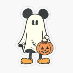 mickey mouse in a ghost costume holding a jack - o'- lantern sticker