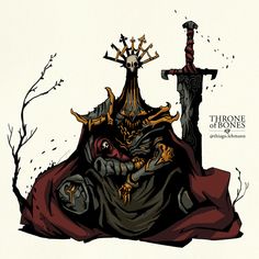 a drawing of a demon sitting on top of a pile of skulls next to a cross