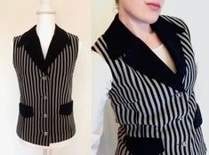 A cool striped vest from the 1970s, by French brand Elvi Couture. Made in wool, with black and gray stripes. Lining in black satin. Four buttons and two fake pockets. Small fit. This vintage piece has a few barely notable spots (see picture 7 and 8). Otherwise in good condition. Size: equal to 34/36 (EUR) or XS/S (US) Measurements: Length (neckline to hemline) - 62 cm Waist - 81 cm around Bust - 90 cm around Striped Vest, Satin Noir, Striped Vests, Gray Stripes, Wool Vest, French Brands, Vest Outfits, Western Outfits, Grey Stripes