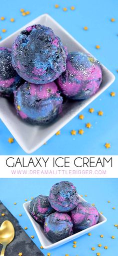 galaxy ice cream is in a white bowl with gold sprinkles