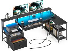 a computer desk with two monitors on top of it and a printer next to it