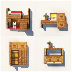 four different views of a bed made out of pallet wood and some sort of furniture