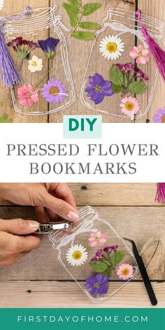 Collage of pressed flower bookmarks and steps to make them. Text overlay reads "DIY Pressed Flower Bookmarks". Journaling Bookmarks, Craft Bookmarks, Microwave Flower Press, Pressed Flower Bookmarks, Pressed Flower Bookmark, Flower Table Numbers, Mason Jar Stickers, Diy Gifts For Mothers, Flower Bookmarks