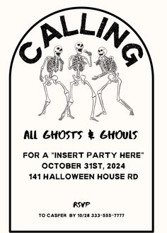 a black and white flyer for a halloween party with skeletons in the shape of two dancing skeletons