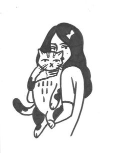 a black and white drawing of a woman with a cat on her shoulder, in front of a white background