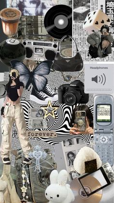 a collage of photos with various items on top of each other, including a cell phone