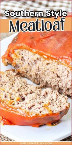 the meatloaf is cut in half and ready to be eaten with text overlay