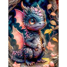 a painting of a dragon sitting on top of a tree branch with leaves around it