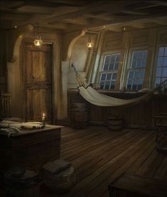 an old fashioned bedroom with hammock hanging from the ceiling and wooden flooring