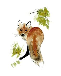 a watercolor painting of a fox on a white background with green and brown leaves