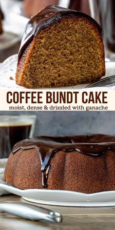 coffee bundt cake with chocolate glaze on top and in the middle, sitting on a white plate