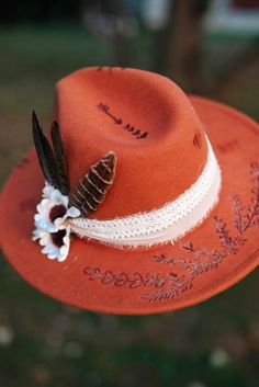 Custom burnt cowgirl or cowboy hat. Western Style Winter Costume Cap, Southern Style Fedora For Western-themed Events, Country Style Cap For Country Events, Country Style Hat Band For Rodeo In Fall, Western Style Brown Cap Costume Hat, Brown Western Hat For Fall, Western Style Felt Cap For Summer, Country Style Fall Rodeo Hat, Rustic Adjustable Hats For Fall