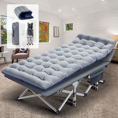 a bed sitting on top of a metal frame in a living room next to a window