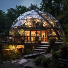 a glass dome house with stairs leading up to the upper level and lights on inside