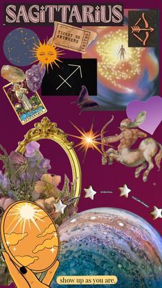 the cover of sagittarius magazine with images of zodiacs, stars and other things