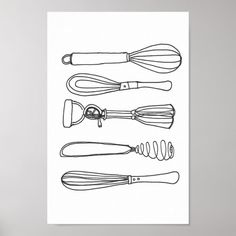 four kitchen utensils are shown in black and white