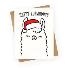 a card with an image of a llama wearing a santa hat