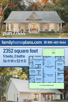 #affiliate Plan 77444 | Traditional Style with 5 Bed, 3 Bath in 2024 | House plans, Family house plans, Log cabin floor plans