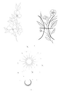 two drawings of flowers, one with a crescent and the other with a flower on it