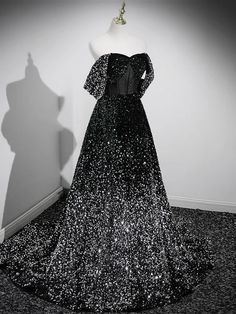 Black Floor-length Prom Dress, Black A-line Wedding Gown, Black Prom Dresses For Prom Season, Black Dress With Fitted Bodice For Prom, Black Dresses With Fitted Bodice For Prom Season, Black Fitted Bodice Dress For Prom, Black Floor-length Dress With Sweep Train, Black A-line Gown For Formal Occasions, Elegant Black A-line Gown