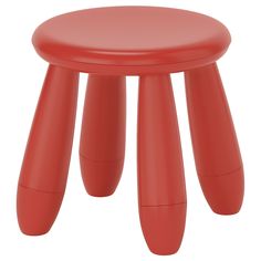 a red stool with three legs and an extended foot rest on the bottom part of the stool