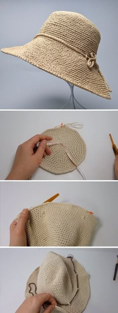 three pictures showing how to make a straw hat