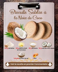 a menu with different types of breads and other foods on it, including coconuts