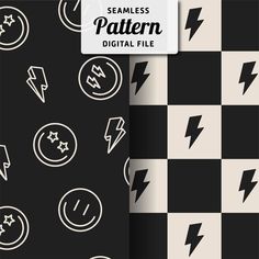 seamless pattern with lightning and stars on black and white checkerboard background illustration