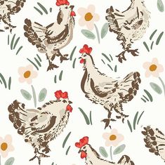 chickens and daisies on a white background with brown, tan, and red accents