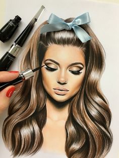 a drawing of a woman's face with long, wavy hair and makeup brushes