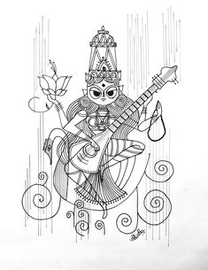 Saraswati Saraswati Sketch, Navratri Painting, Saraswati Drawing, Saraswati Art, Abstract Pencil Drawings, Pen Art Work, Pen Art Drawings, Beautiful Art Paintings, Indian Folk Art