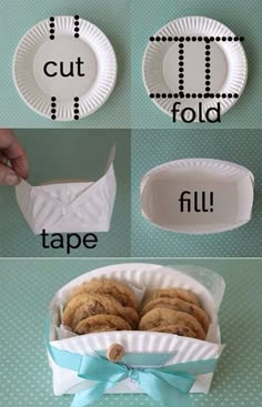 the instructions for how to make paper plates and napkins with chocolate chip cookies in them