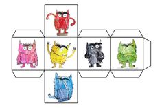 four different colored monsters are shown in the shape of hexagonal boxes with faces