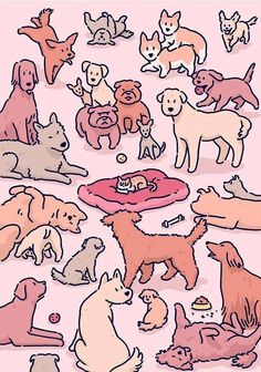 a bunch of dogs and puppies are grouped together in the same pattern on a pink background