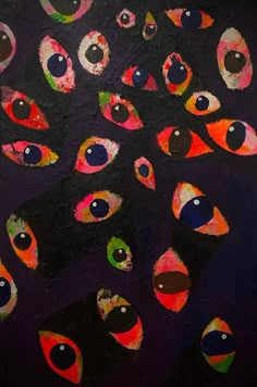 an abstract painting with lots of different colored eyeballs on it's black background