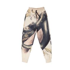 Elevate your style sustainably with our Full Print Snake Trousers in Beige. Striking snake print, eco-friendly recycled fabric, and customizable comfort with ankle and waist elastic plus an adjustable cord. Make a statement and a positive impact on the environment in these unique and comfortable trousers. Upgrade your wardrobe today! Wash and care: wash at 30°c and iron bellow 100°C, no color degrading while washing - long lasting print 20% Cotton, 80% Polyester Neutral Trousers, Comfortable Trousers, Snake Design, Human Hand, Art Fashion, No Color, Independent Designers Fashion, Trouser Jeans, Recycled Fabric