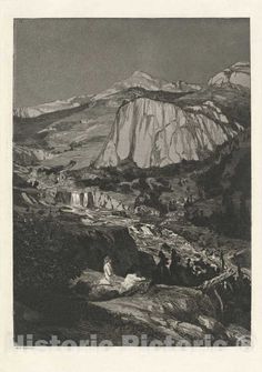 an old black and white drawing of a mountain scene with people in the foreground