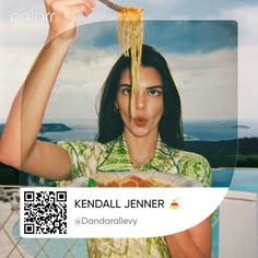 a woman is eating noodles with chopsticks over her head while looking at the camera